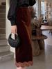 Rongtai Women's Textured Velour Embroidered Lace Hem Bodycon A-line Skirt 2026.