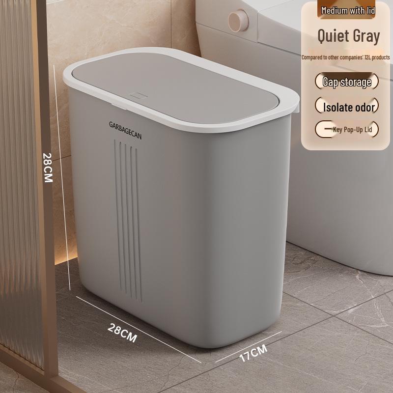 Large Bathroom Trash Can with Thickened Lid, Narrow Style, Press-Type