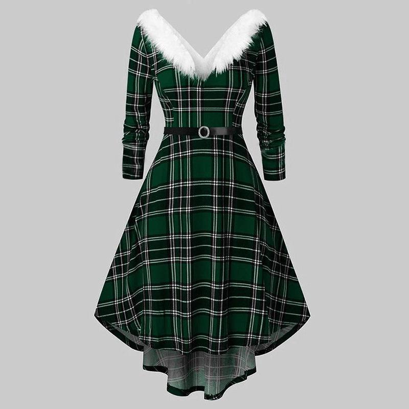 Women's Plush Flared Dress, Christmas Holiday A-Line Gown with Audrey Hepburn Style, High-Low Hem Long Sleeve Party Dress for Festive Season