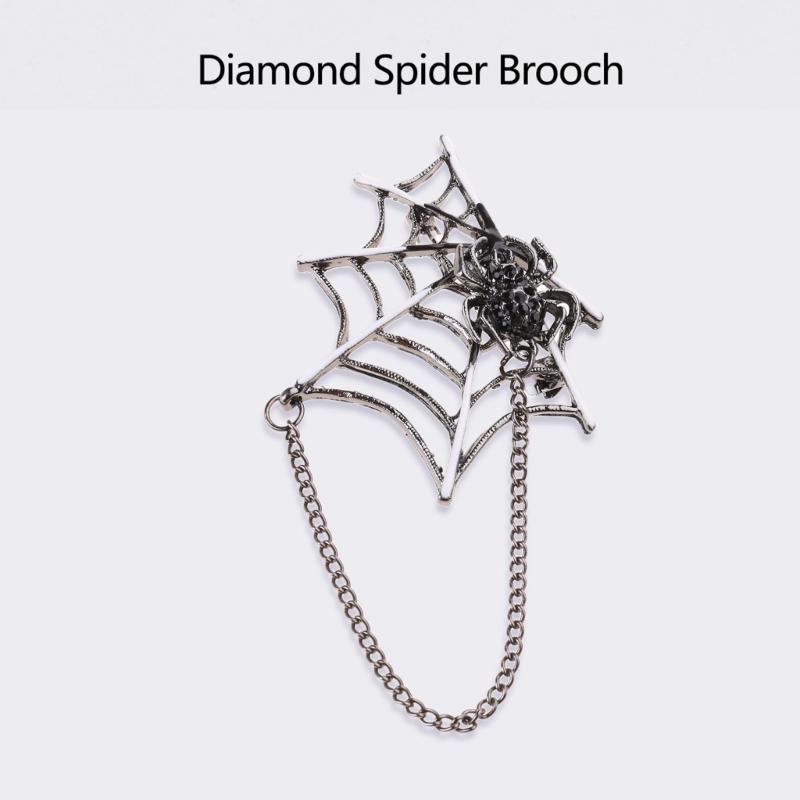 Punk Spiders Net Lapel Pin with Chain Halloween Costume Jewelry Accessories for Women Men, Punk Chain Brooch Lapel Pin