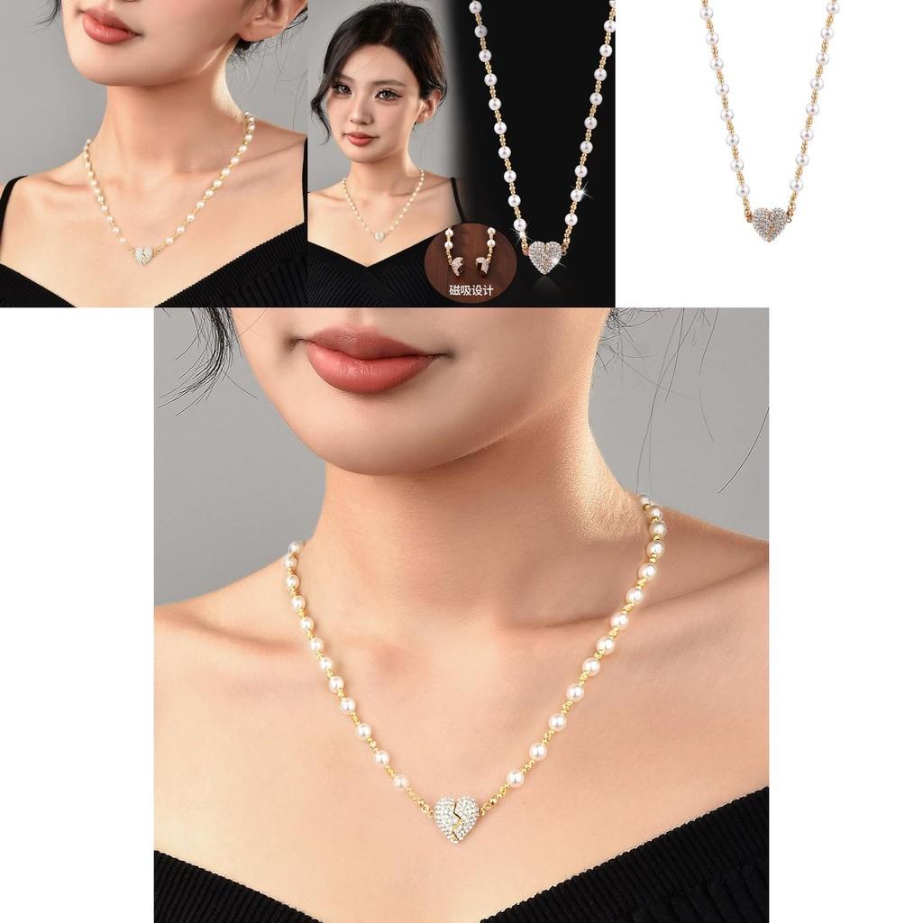 Luxurious Heart Pendant Necklace With Dazzling Diamond Inlay And Beautiful Pearl Chain