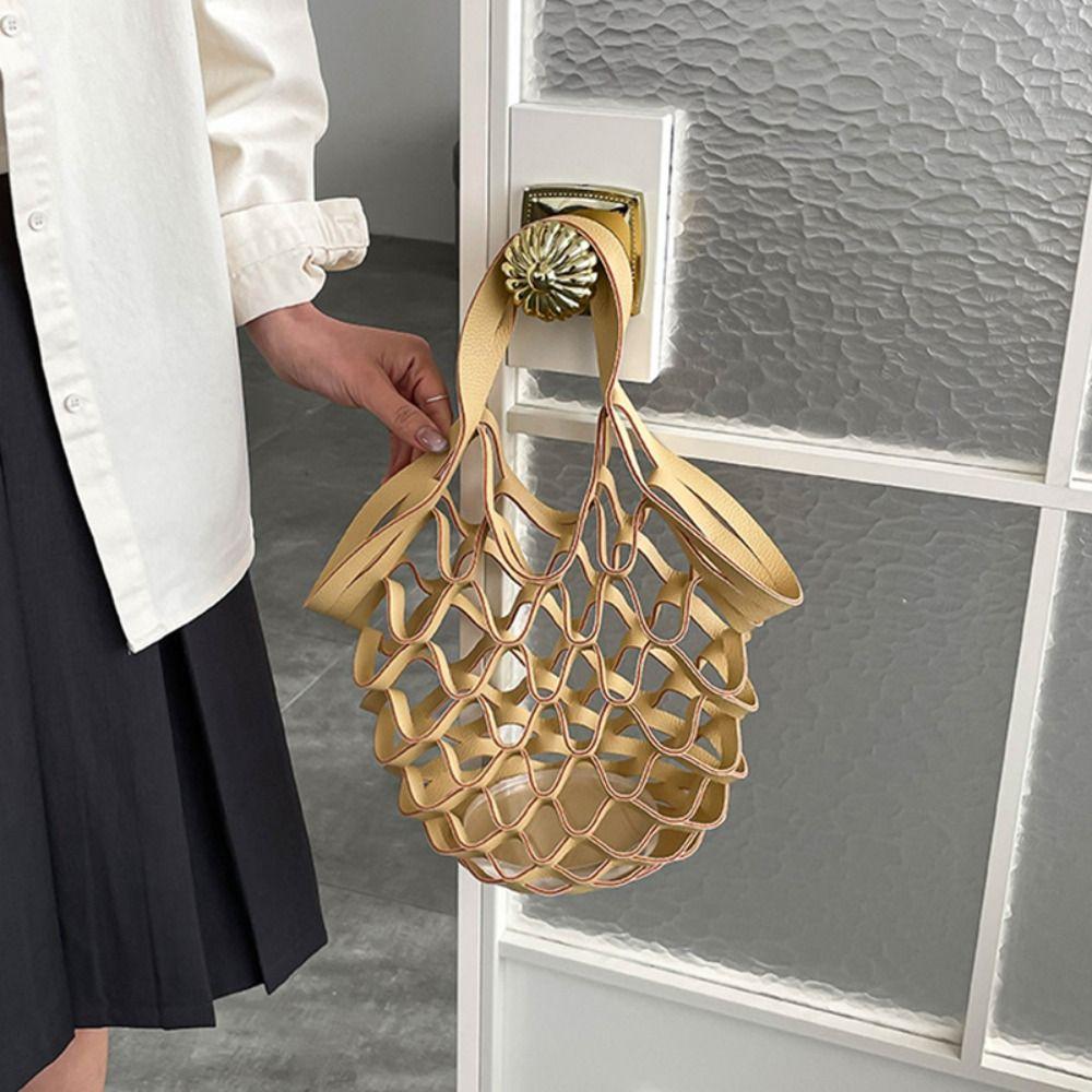 Foldable Leather Folding Tote Bag Large Capacity Woven Handbag Trendy Grocery Bag  Storage