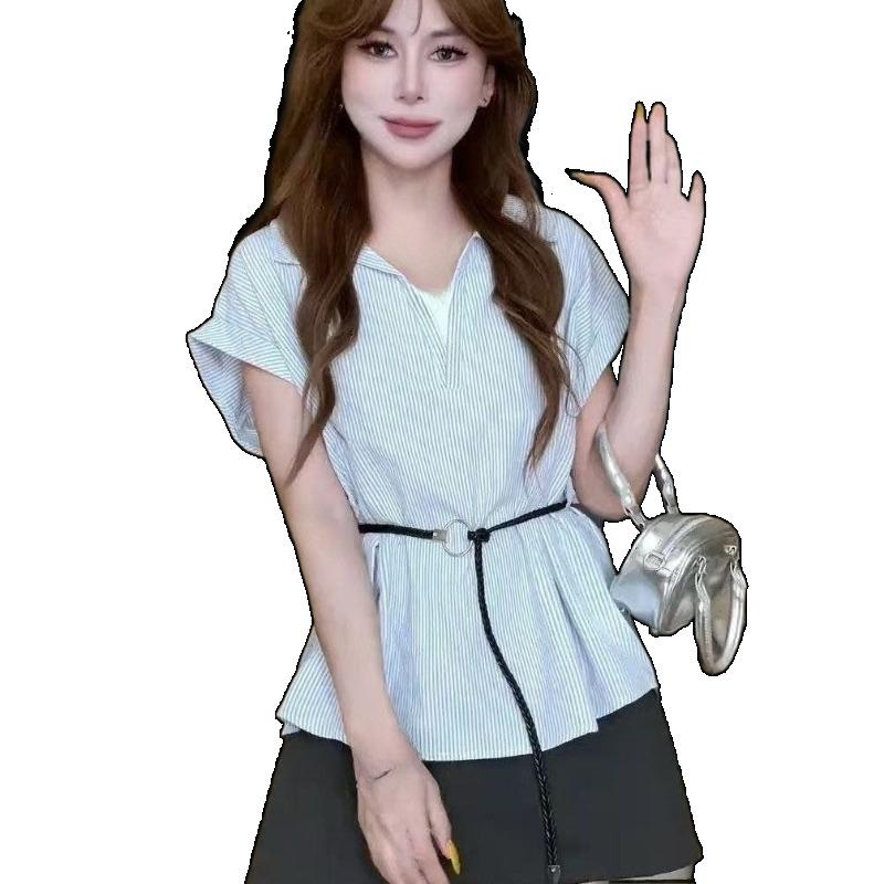 Ladies' Blue Striped Shirt Women's Waist Cinching Tie Short Sleeves Blouse Summer Female New Korean Version Slimming Top