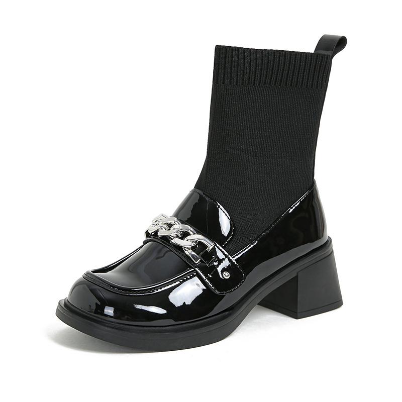 Fashion pearl flower buckle boots women thick high heels winter botas shoes japanned leather & knitting patchwork ankle botines female