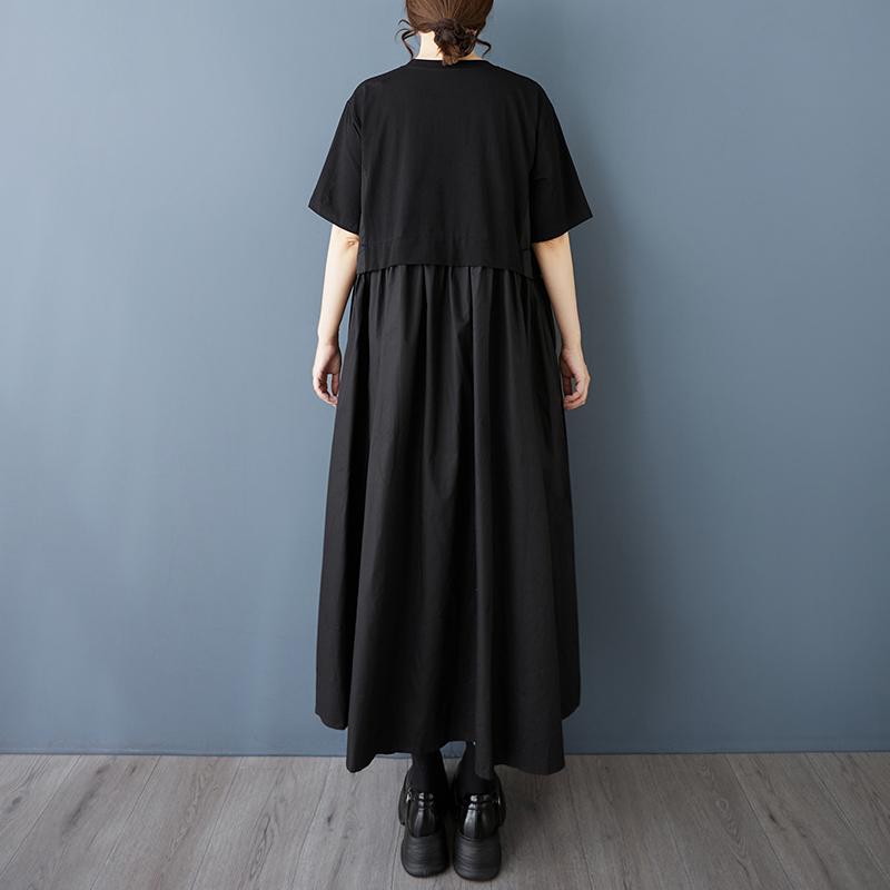 Short Sleeve Plus Size Black Vintage Patchwork New In Dresses for Women Casual Loose Long Summer Dress