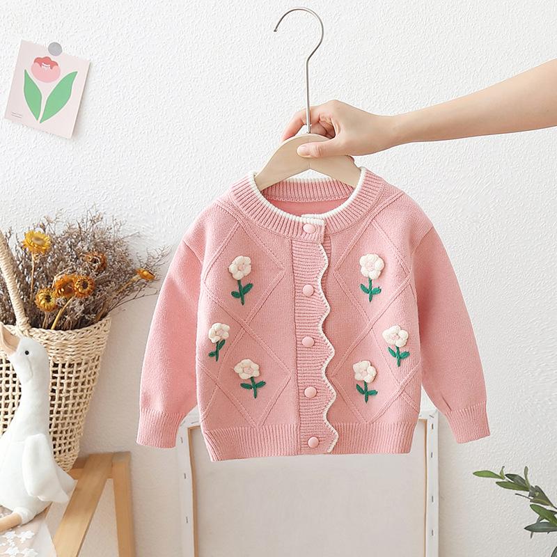Autumn and Winter Fashion Cute Girls Sweater Flower Cardigan Knitted Coat