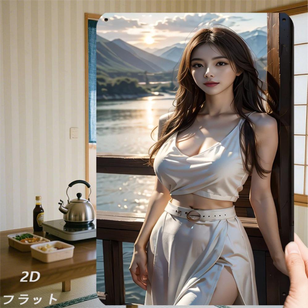 Retro Metal Wall Art Sign, 2D Flat Iron Print 8x12 Inch Elegant Woman Lakeside Mountain View Modern Minimalist Home Decor
