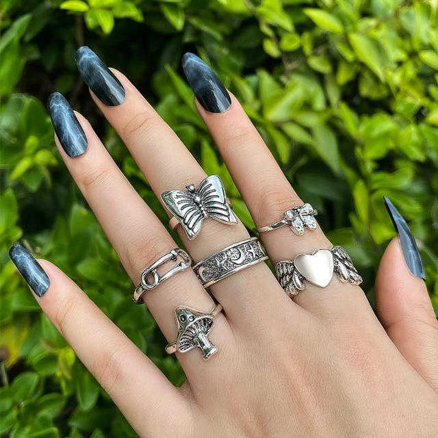 6pcs Vintage Gothic Butterfly Angle Flower Multi Element Ring Set For Women Men Retro Personality Finger Ring Gifts