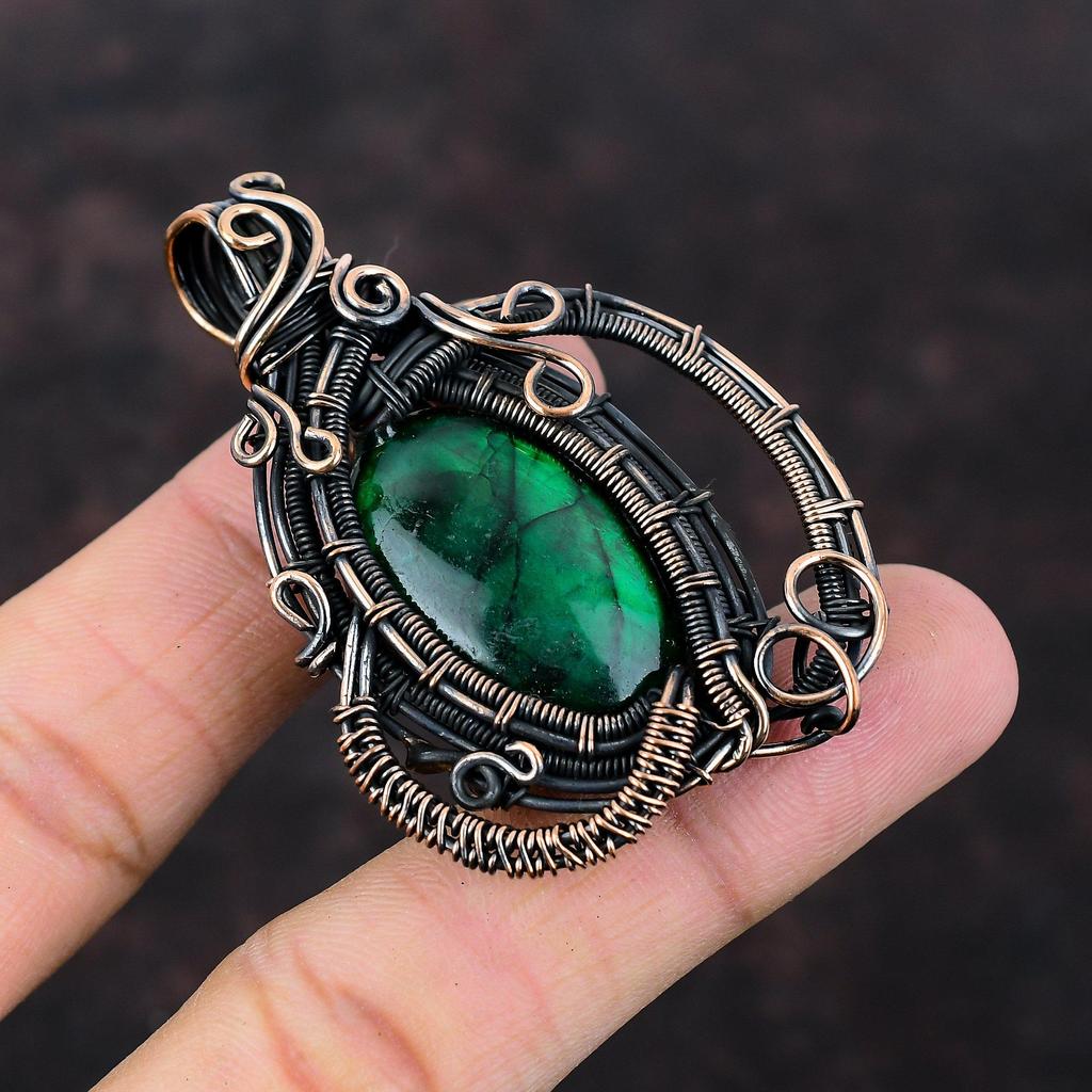 Dark Green Fire Labradorite Pendant Copper Wire Wrapped Gemstone Pendant Dainty Copper Jewelry Handmade Pendant Amazing Pendant Gift For Her