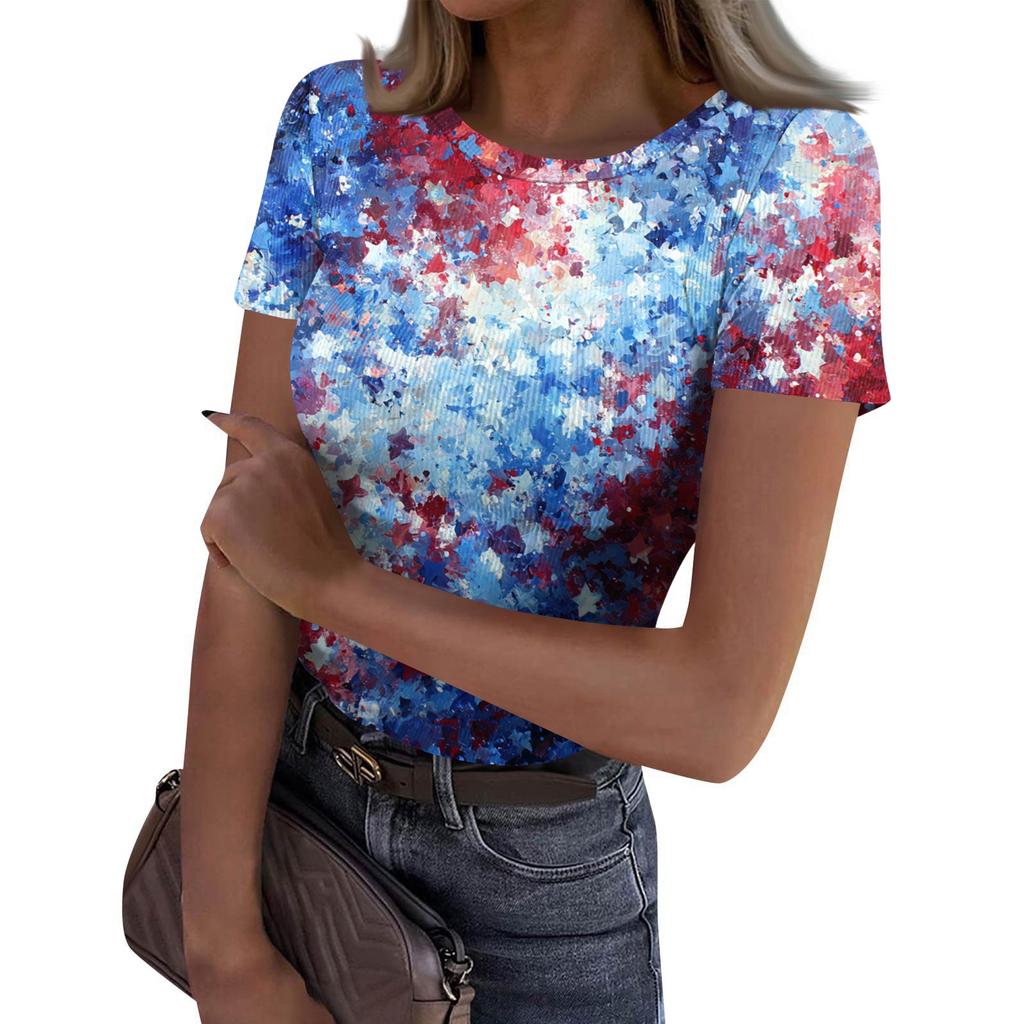 Women's Casual Fashion Round Neck Independence Day Print Short-Sleeve Ribbed Top