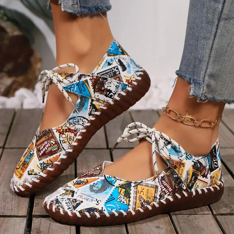 Fashion Women's Flat Shoes 2024 Autumn New Trendy Graffiti Lady Casual Shoes Soft and Comfortable Outdoor Walking Shoes Zapatos De Mujer