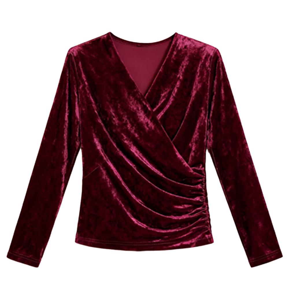 Plus Size Gold Velvet V-Neck Long Sleeve Shirt - Women's Autumn/Winter 2025 Collection
