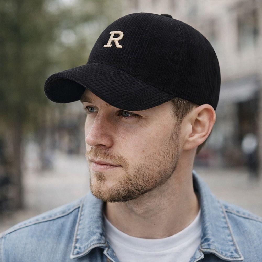 3D Embroidered 'R' Letter Corduroy Baseball Cap Solid Color Adjustable Strap Sunscreen Hat Breathable Sun Hat Outdoor Sports