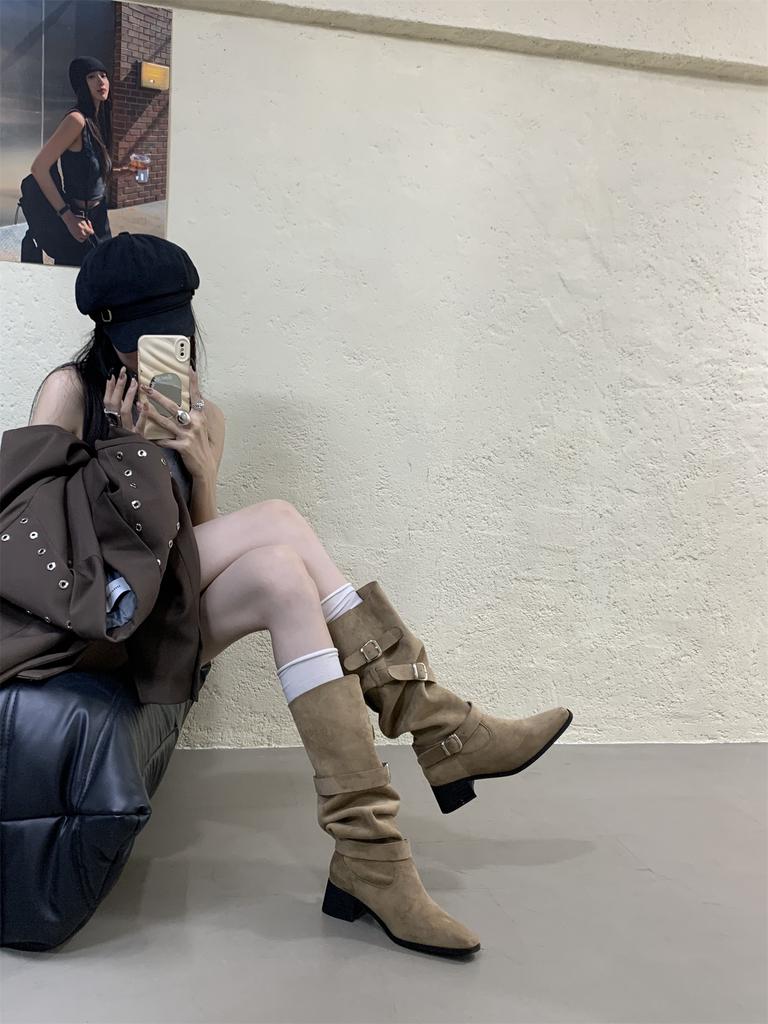 Khaki High Heel Suede Pile Medium Boots Women's Boots 2025 Fall Winter Western Skinny Long Knight Boots