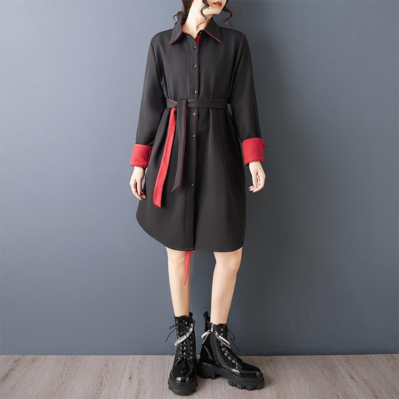 

Spring Loose Fit Dark Color-Block Spliced Mid-Length Shirt Dress Plus Size One Size