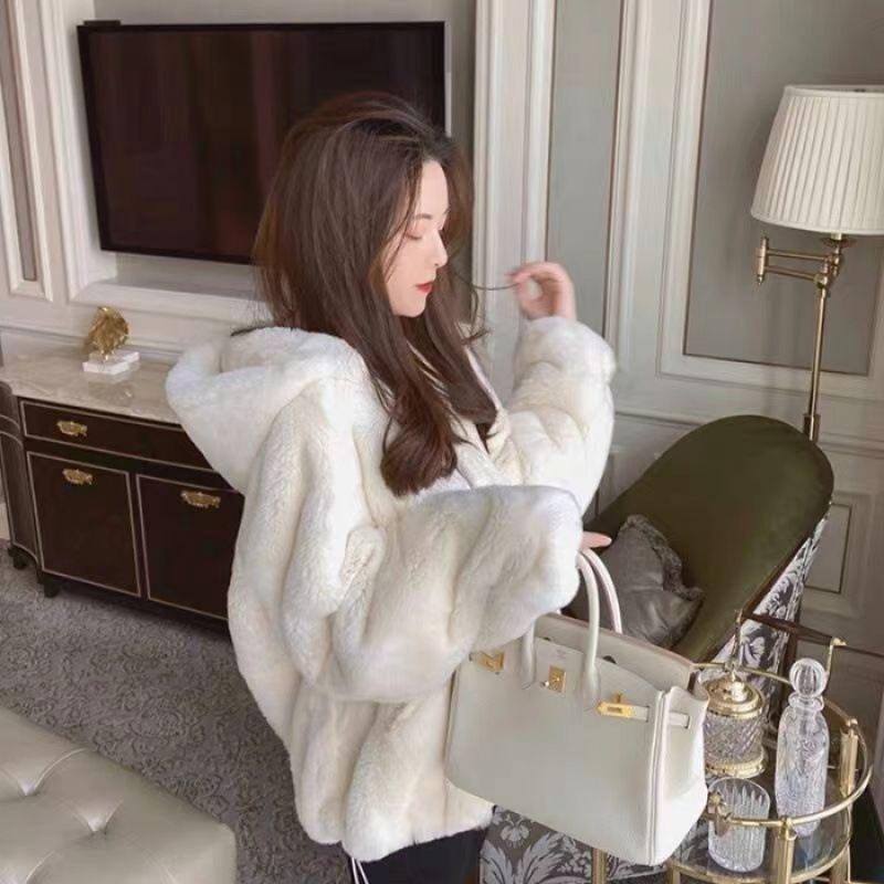 Korean Version, Faux Fur Jacket, Women, Autumn and Winter, Loose Fit, Faux Otter and Rabbit Fur, Thickened with Plush, Stand Up Collar, Zipper Hoodie
