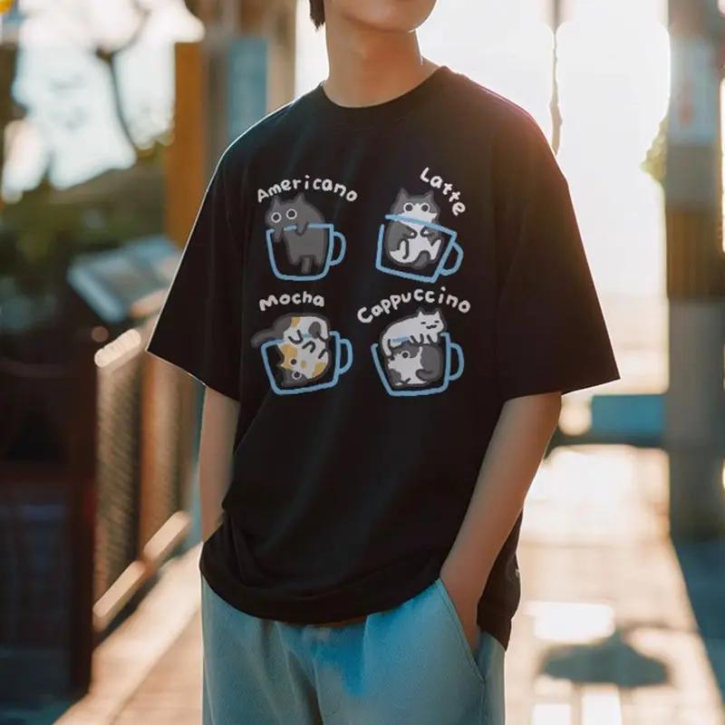Cat Coffee Printed Pattern Cotton T-shirt for Women's Summer New Loose Men's Original Cat Couple Student Round Neck Top
