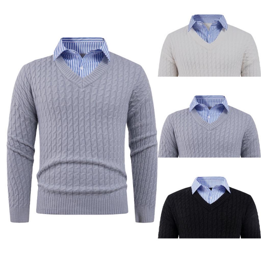 Men's Solid-color Casual V-neck Pullover Knitted Sweater With Two Striped Neck Sweaters
