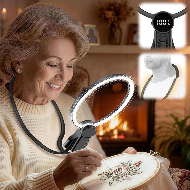 ABBP-Hands Free Magnifying Glass With Light, 2500Mah Flat Strap Neck Magnifier With LED Display & 3 Color Light