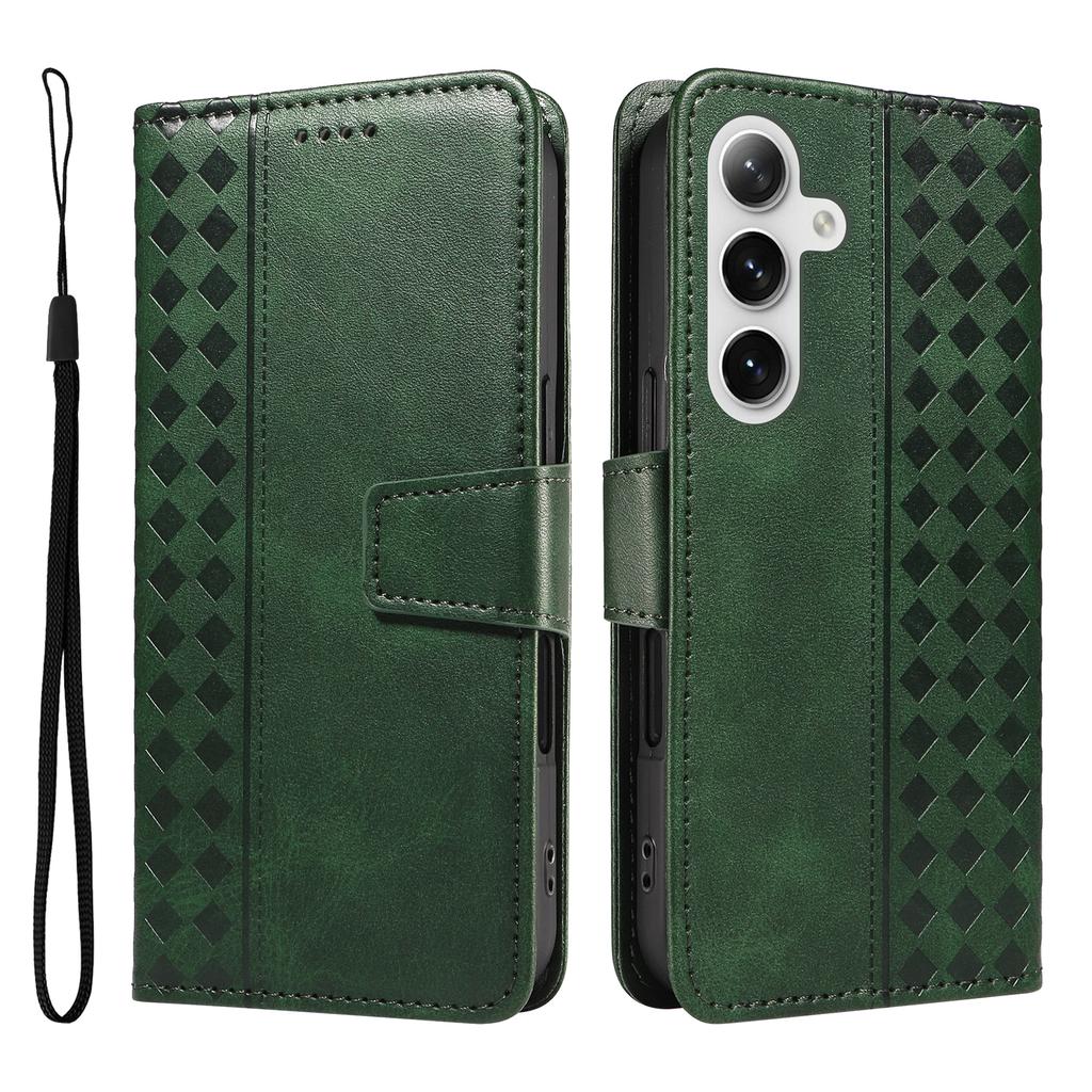 For Samsung Galaxy S24+/Galaxy S25+ Leather Case Wallet Stand Grids Imprinted Phone Cover with Strap