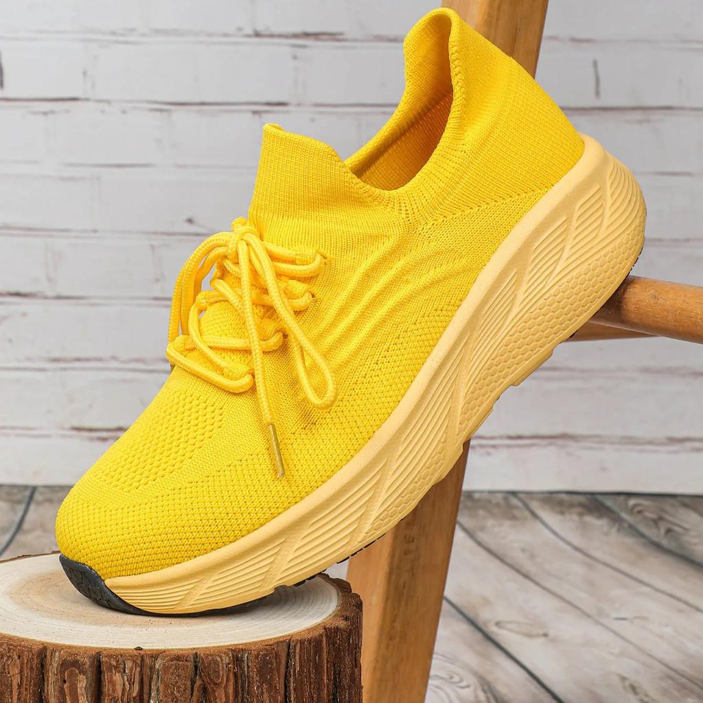 Unisex Chunky Sneakers Breathable Knitted Yellow Platform Running Shoes Lightweight Casual Sports Footwear for Jogging Training
