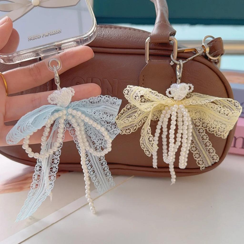 2025 New Sweet Lace Bow Beaded Bow Keychain Phone Charm Strap Pendant for Phone Accessories Bag Hanging Cord for Women Girl