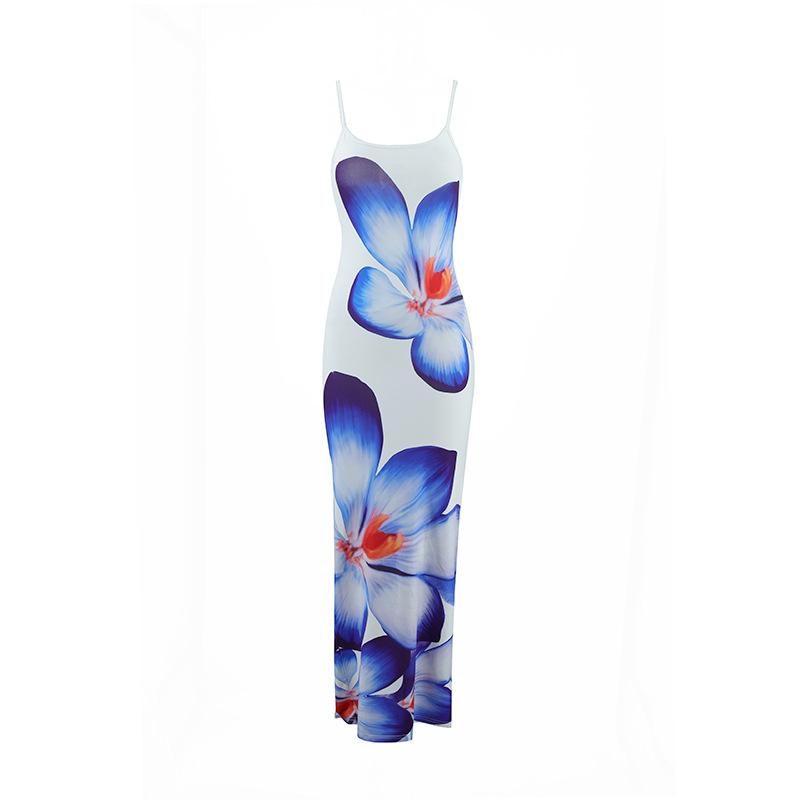 Women's Summer Sexy Spaghetti Strap Floral Print Maxi Dress, Slim Fit Bodycon Backless Evening Party Beach Vacation Long Dress