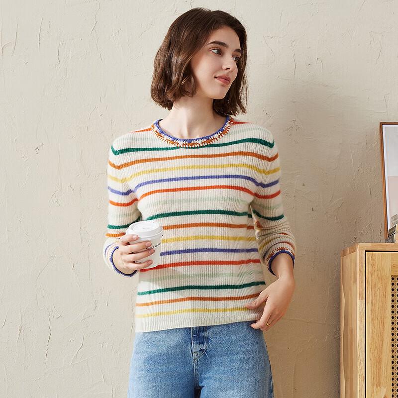 Commend Boca Women's Striped Round Neck Cashmere Sweater