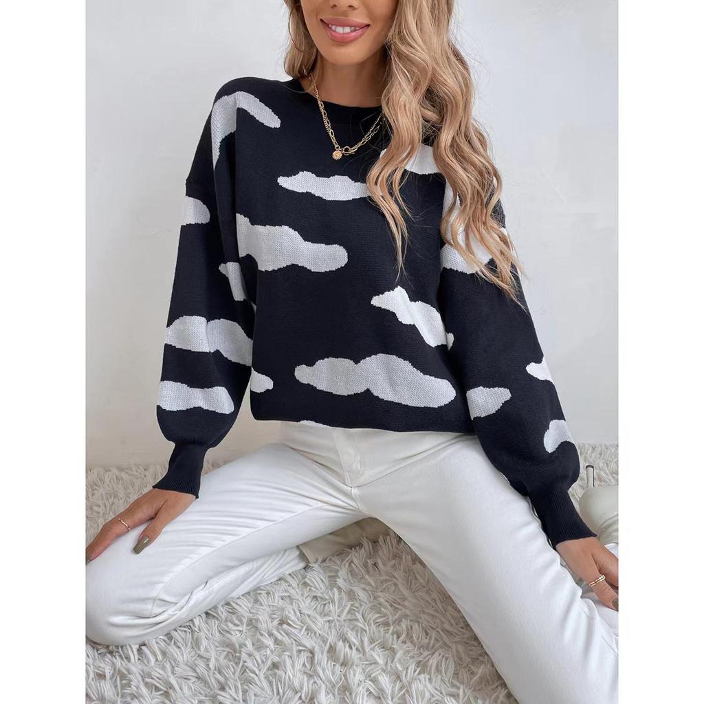 2025 Women's Versatile Jacquard Cloud Sweater: European & American Style, Long Sleeve, Round Neck Knitwear.