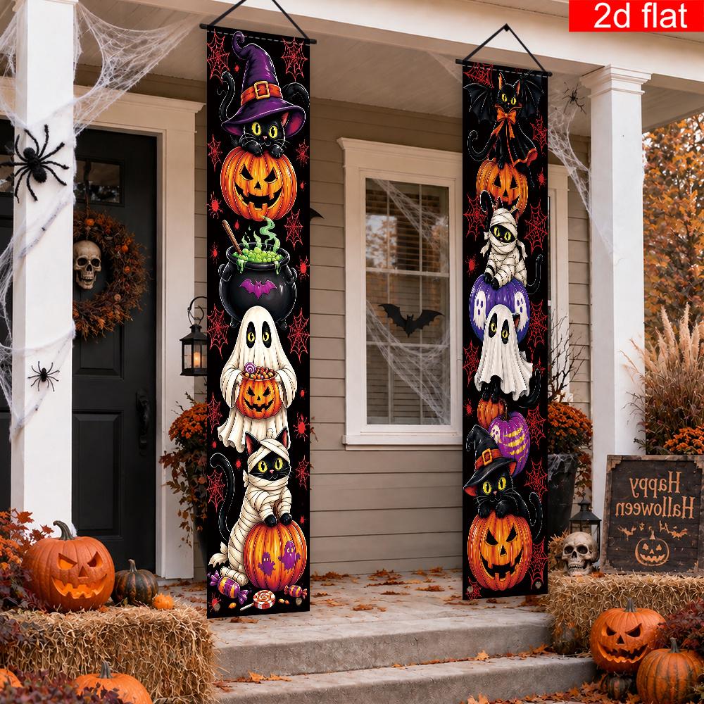 Halloween 2pcs Banner Polyester Cat Pattern Porch Decoration