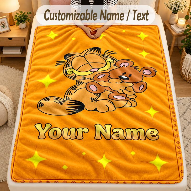 Flannel BlanketGarfield Custom Name Text Personalized Soft Warm Throw Blanket Home Decor Gift