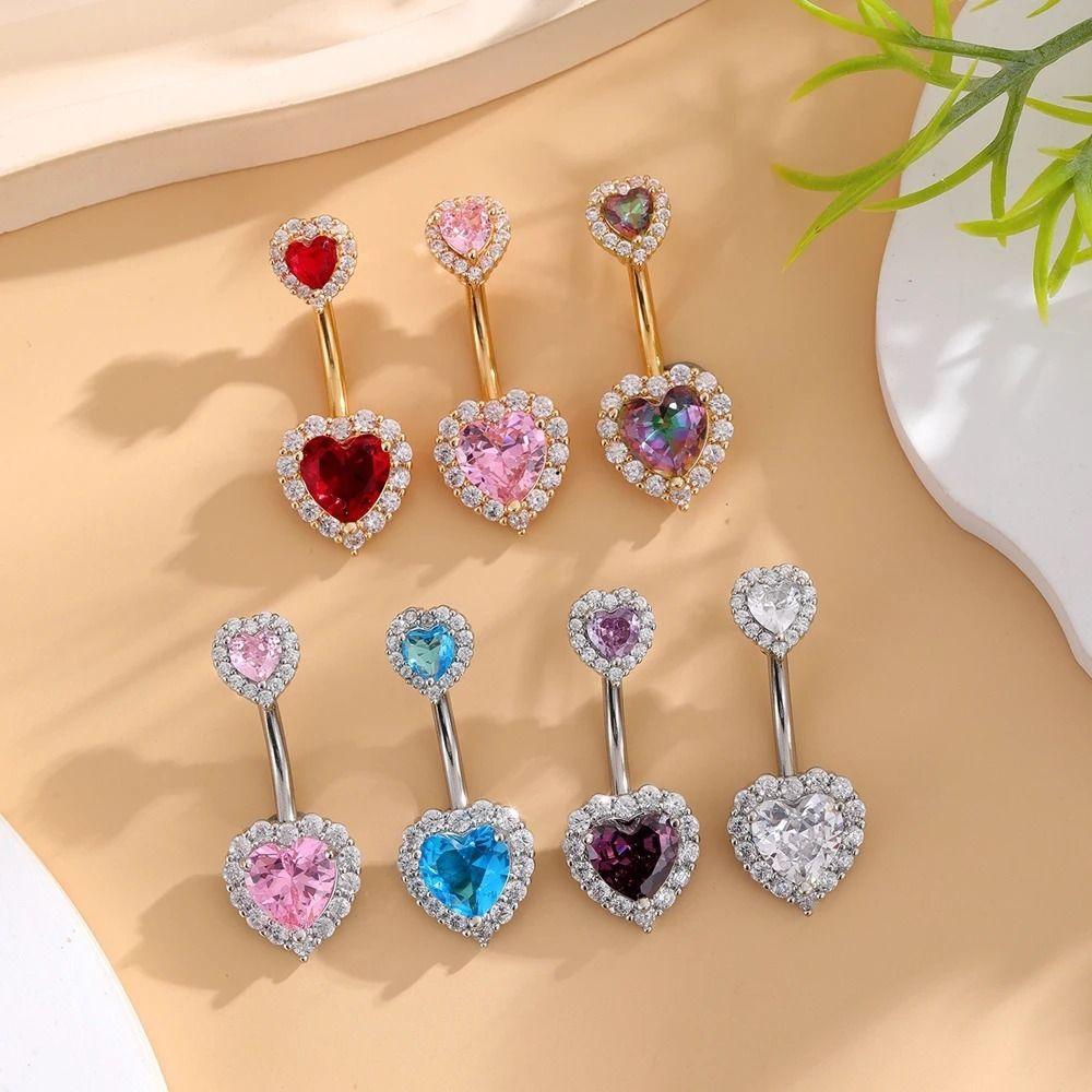 Love Double Heart Belly Button Ring Stainless Steel Body Piercing Jewelry Zircon Navel Ring Girls