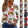 Women's Casual Christmas Print V-Neck Long Sleeve T-Shirt with Button