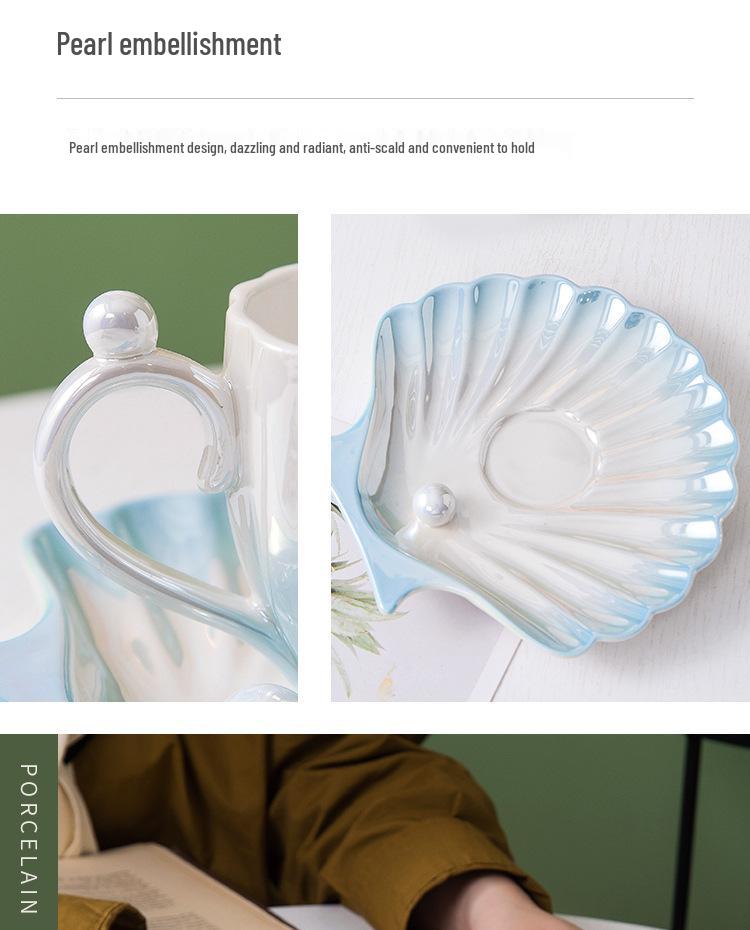 Set Tazza e Sottotazza in Ceramica con Conchiglie: Tazza leggera in madreperla per la casa – Elegante regalo souvenir di lusso