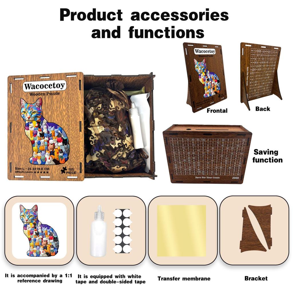 Wacocetoy Irregularly Shaped Wooden Cat Jigsaw Puzzle - Colorful Kittens Decompression Toy