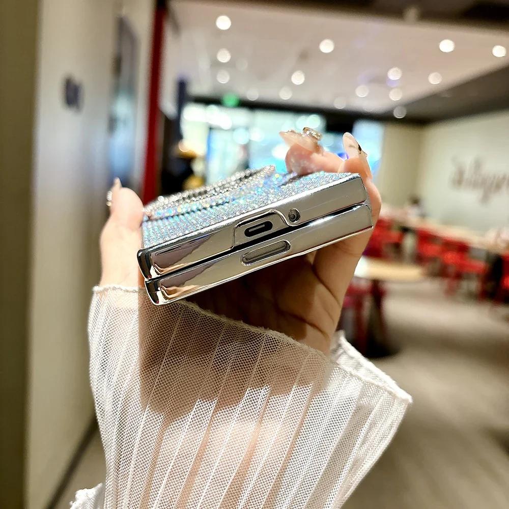 Luxuriöse Strass Hart PC Make-up Spiegel Handyhülle für Samsung Galaxy Z Fold 7 6 5 4 mit tragbarem Armband Stoßfeste Schutzhülle