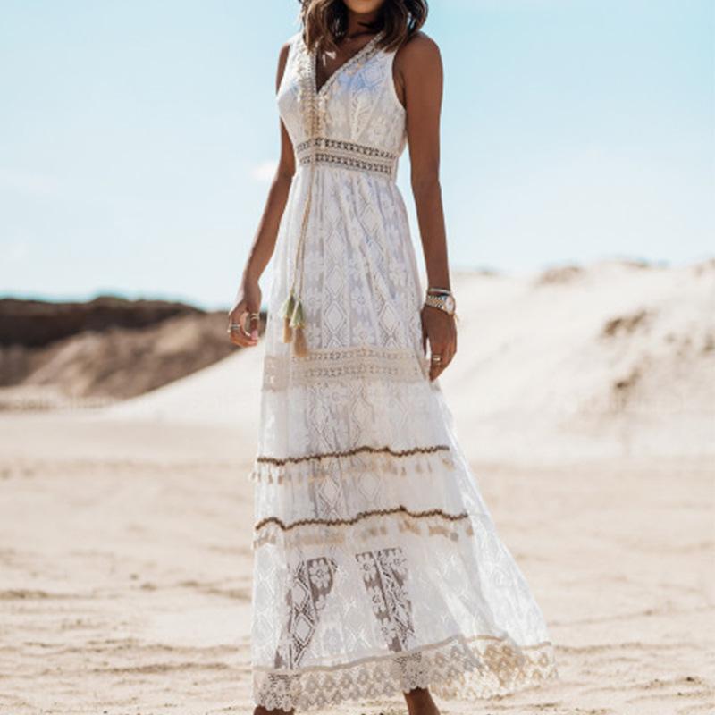 Women's Bohemian Summer Vacation Lace Dress Sleeveless Long Dress