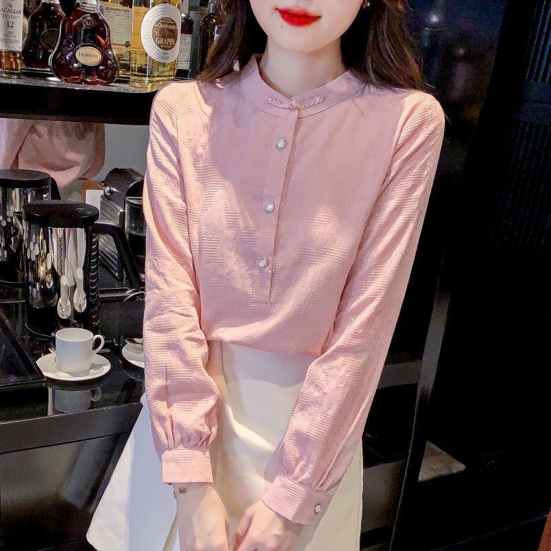 2024 Women's Retro Jacquard Cotton Pullover: Long Sleeve Stand-up Collar Shirt for Spring and Autumn