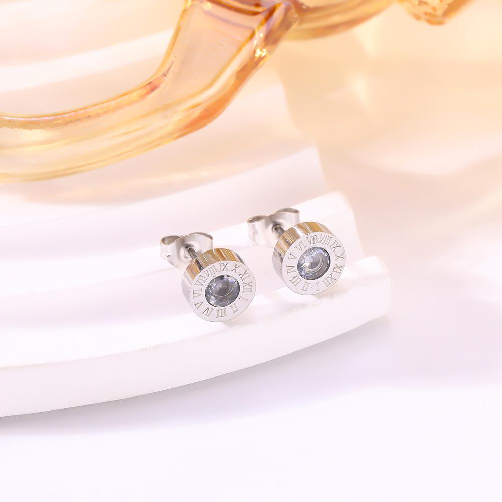 Minimalist Rhinestone Roman Numeral Titanium Stud Earrings - Women s Trendy Korean & Japanese Style