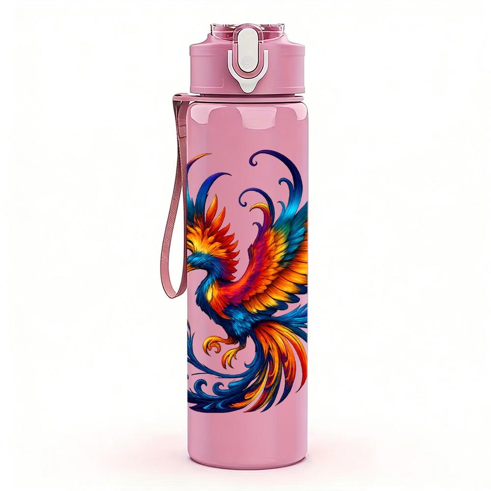 1PC Phoenix Bird Fire Pattern 750ml Color Plastic Sports Water Bottle Leakproof Flip Straw Lid Suitable for Sports Office Home Use
