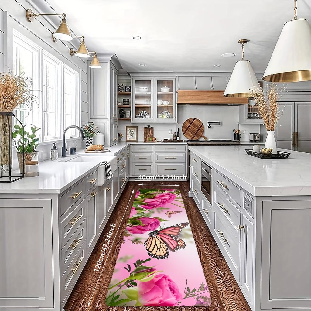 1Pcs Butterfly Flying On The Pink Rose Kitchen Rug Anti-Fatigue Kitchen Rug Waterproof Non-Slip Rugs Set Runner Rug Bedside Rug Absorbent Carpet