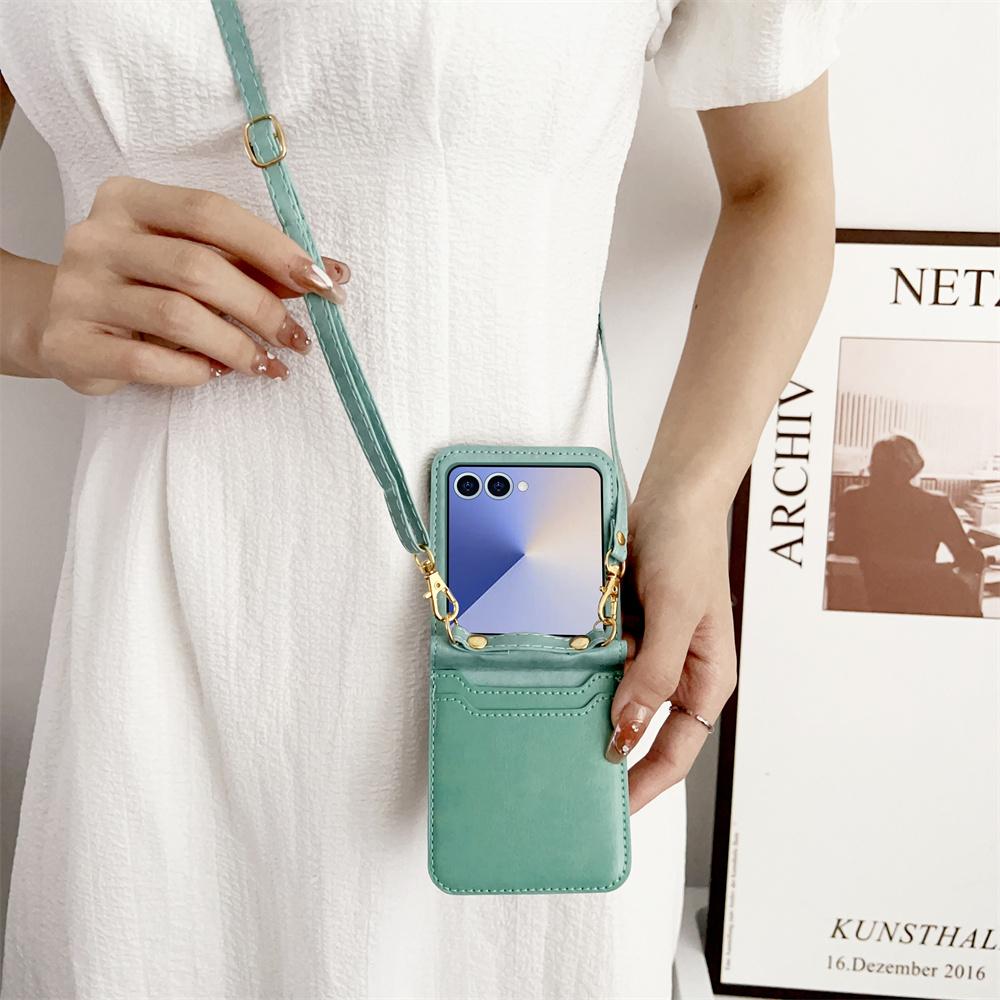 Crossbody Cards Solt Wallet Leather Phone Case for Samsung Galaxy Z Flip 7 FE 6 5 4 Flip6 Flip7 Hand Strap Lanyard Pocket Cover
