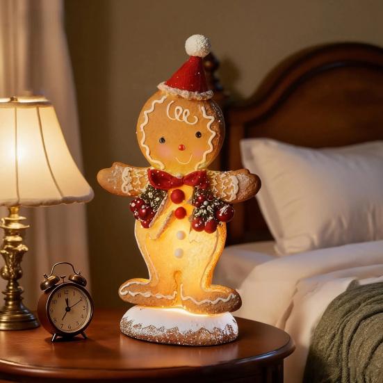 Christmas Gingerbread Night Light Small Resin Light Up Gingerbread Man Figurine Tabletop Decor for Indoor Room Decor