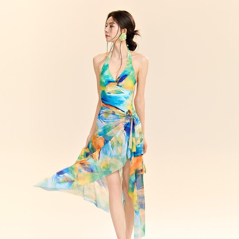 

One-piece Triangular Swimsuit Women s Belly-covering Slimming Belt Gauze Skirt Fashionable Conservative Hot M зелёный