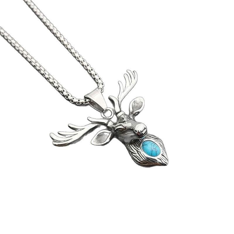 Vintage Turquoise Deer Head Pendant Necklace Hip Hop Punk Men's Necklace