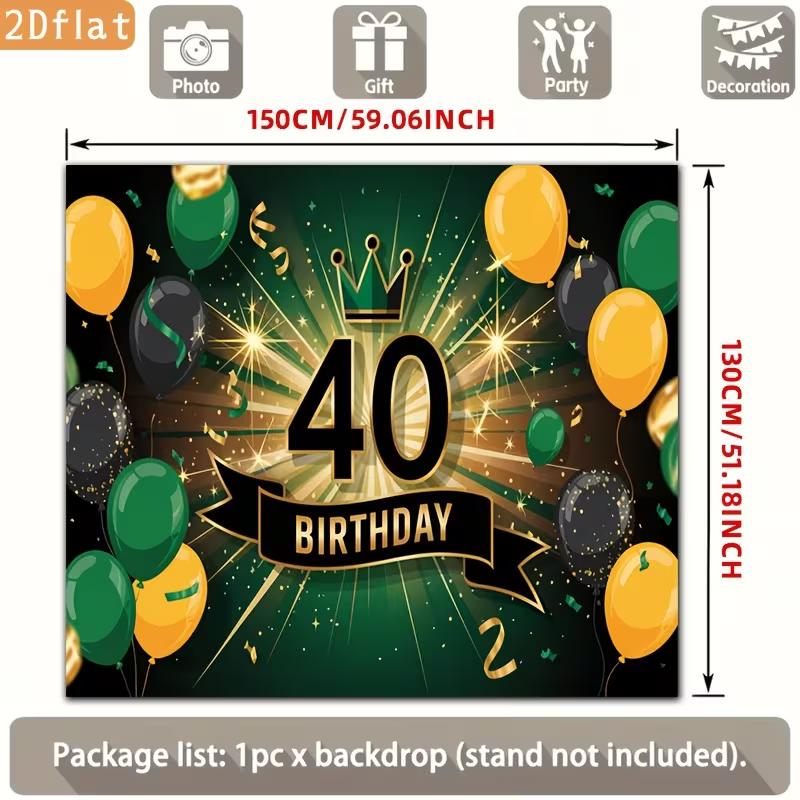 2D 40th Birthday Party Backdrop Green Gold Balloon & Crown Themed Photography Background