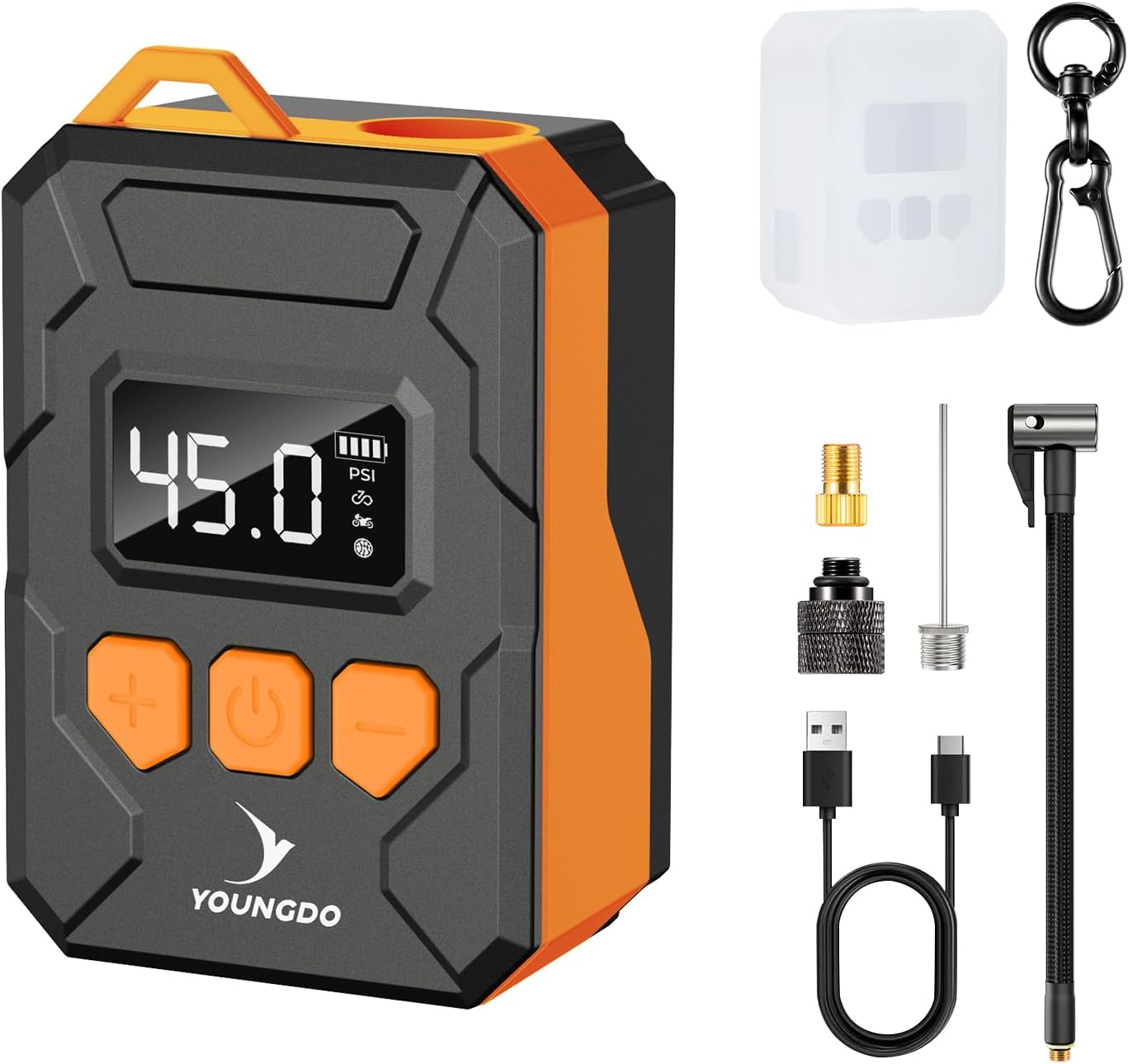

150PSI Mini Electric Bike Pump with Digital Gauge, Auto Stop, Type-C, Presta/Schrader Valves помаранчевий
