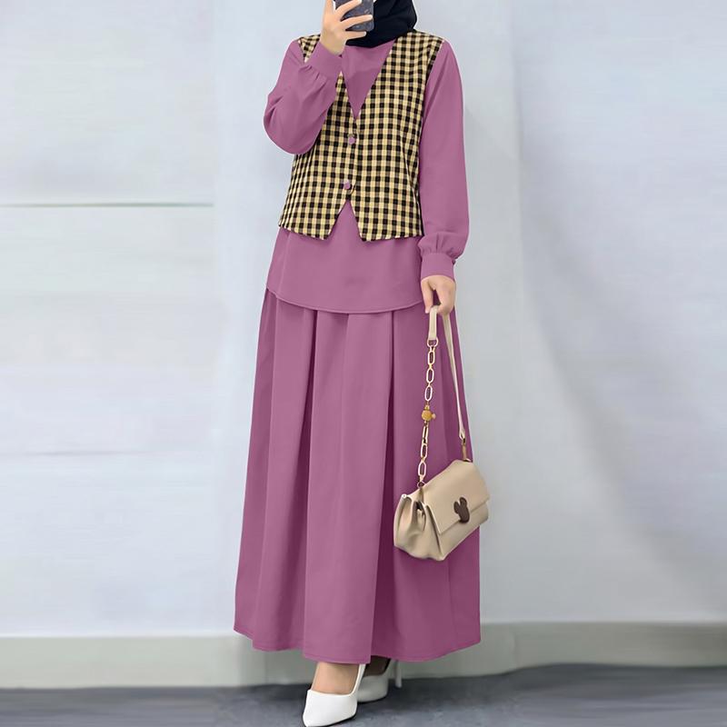 

ZANZEA Women Long Sleeve Plaid Patchwork Blouse and Long Skirts Casual Two Piece Suit Sets 5XL рожевий