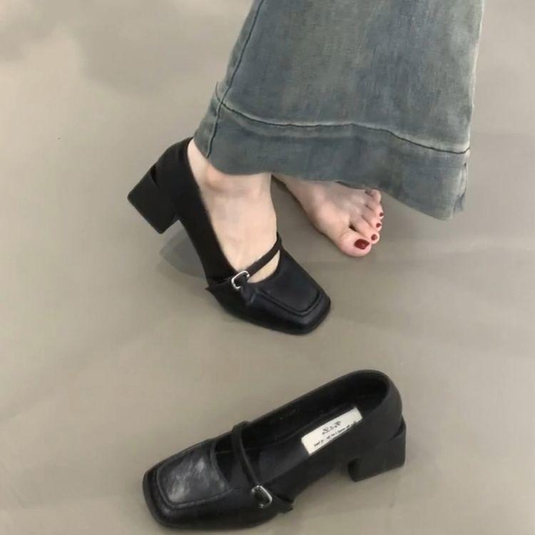 French Retro Black Small Leather Shoes Women's Autumn New Square Head Thick Heel Mary Jane Word with High Heel Temperament Single Shoes