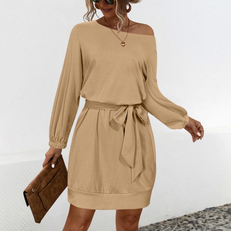 

Весенняя женская одежда Wish Платье с косым плечом, однотонное, пэчворк, с длинным рукавом S хаки